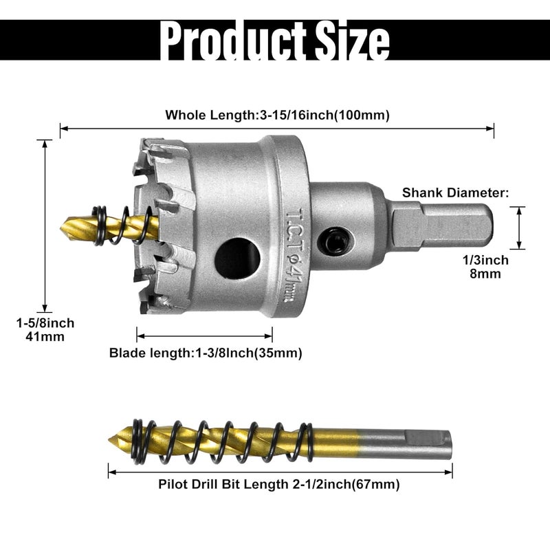 SALI 1-5/8" (41mm) TCT Hole Saw Kit Tungsten Carbide Tipped Hole Saw Drill Bit with Titanium-Plated Pilot Drill bit for Metal, Stainless Steel, Iron, Plastic - Image 2